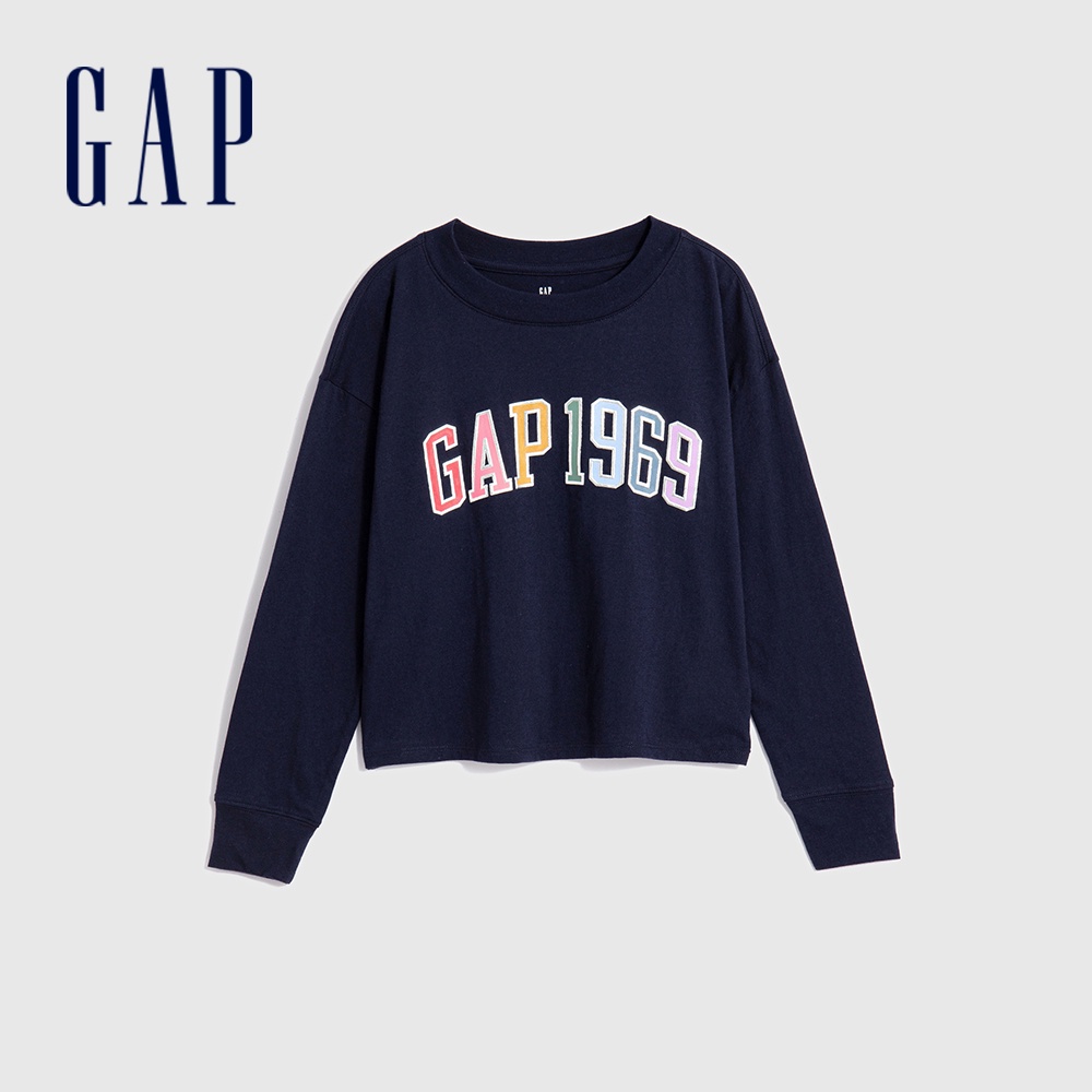 Gap 女童裝 Logo純棉印花圓領長袖T恤-深藏藍(788206)