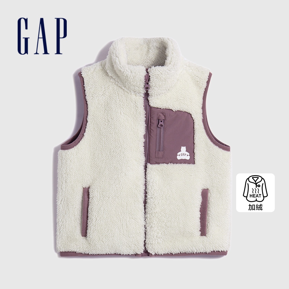 Gap 女幼童裝 Logo小熊印花立領背心外套 抱抱絨系列-白色(789019)
