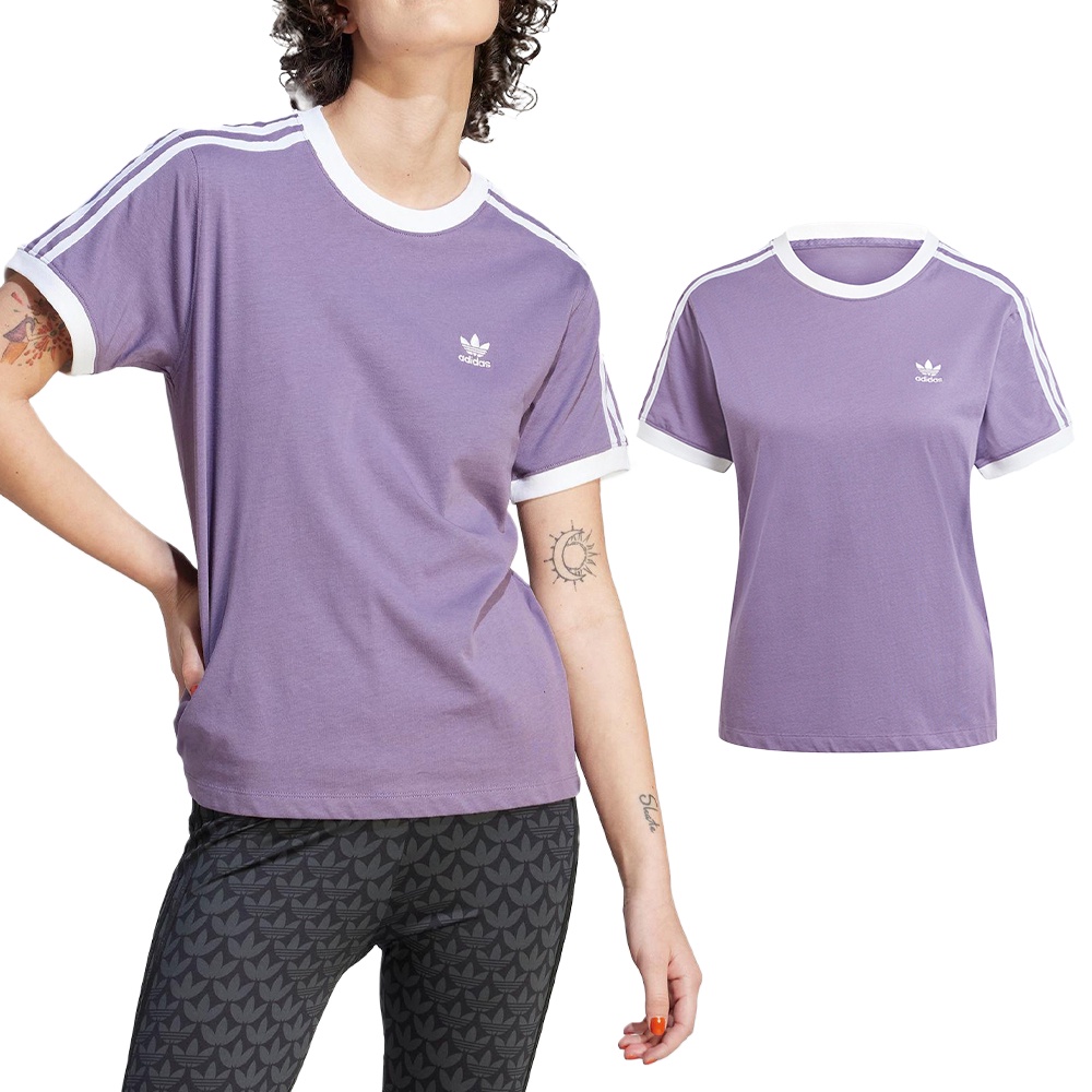 Adidas 3 Stripes TEE 女 紫色 三葉草 復古 撞色 上衣 短袖 IL3868