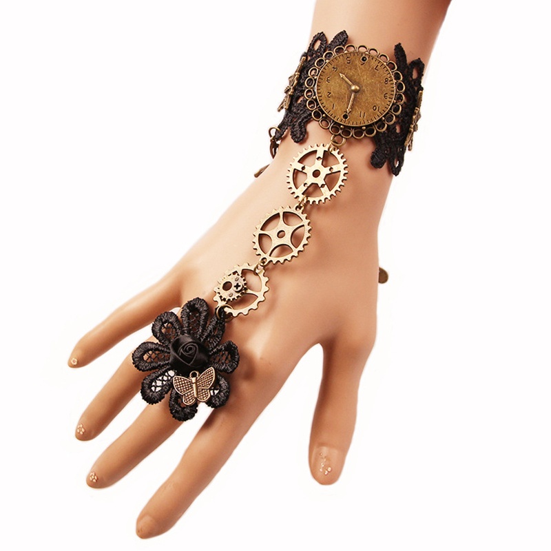 女士 復古 潮流 黑蕾絲 帶 戒指 手鏈 女式 蒸汽 朋克 齒輪 時鐘 裝飾 手飾品