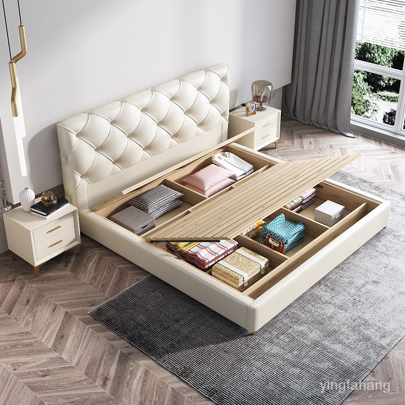 現代簡約奶油風皮床1.8米雙人床1.5米實木高箱軟體床侘寂輕奢大床 床架 輕奢床 床 雙人床 大床 6尺床 實木床 掀床