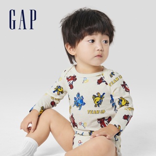 Gap 嬰兒裝 Gap x Super Wings聯名 Logo純棉印花圓領長袖包屁衣-米色(769893)