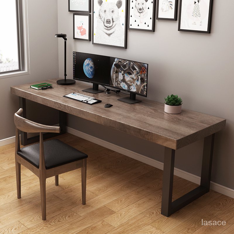 【北歐 現貨】墻邊實木電腦臺式桌傢用書桌臥室學習桌雙人長條辦公桌簡約實木桌
