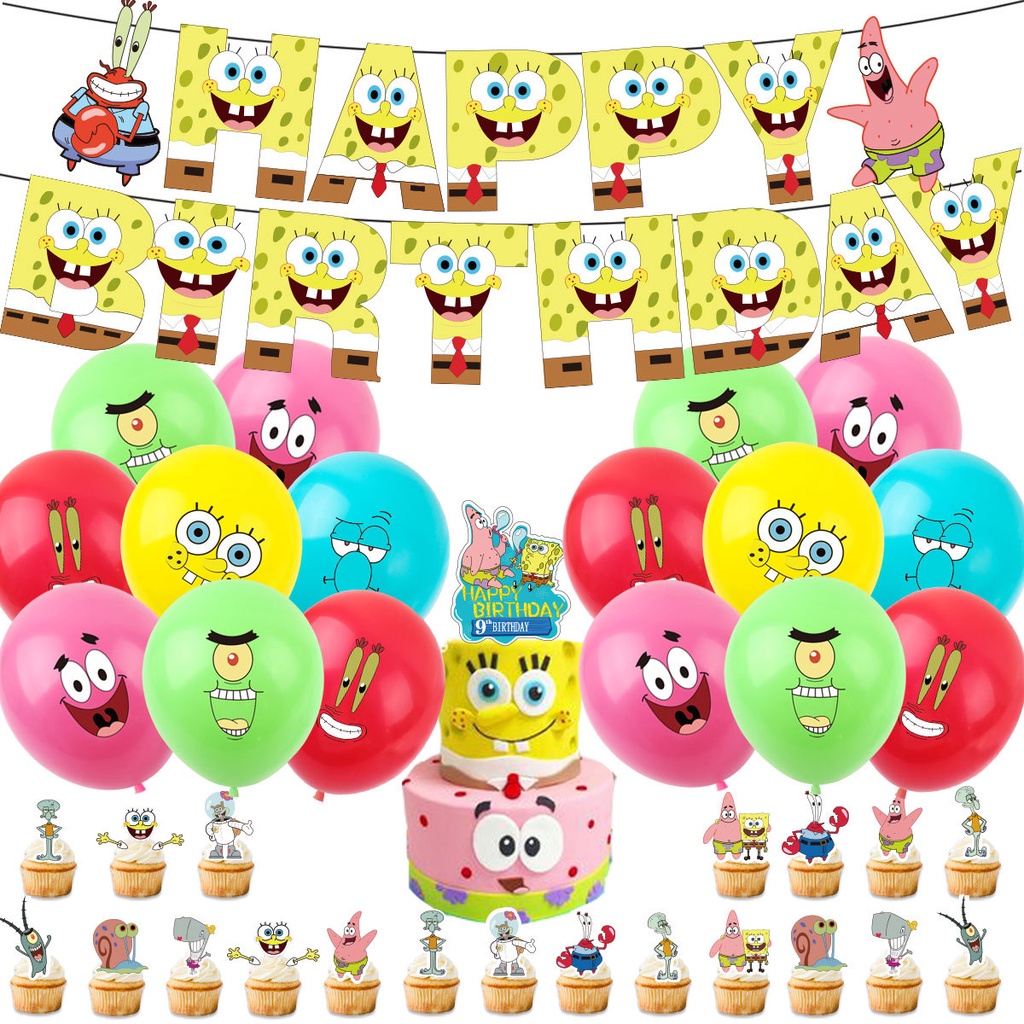 海綿寶寶拉旗氣球蛋糕插兒童生日派對套裝蟹老板動畫節慶裝飾用品