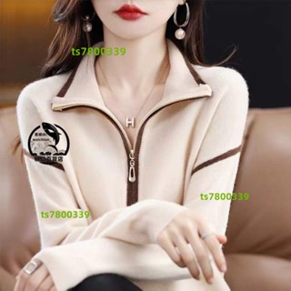 💯桃園優品⚡️長袖翻領毛衣女【4色】拉鍊拼色寬鬆 外搭大學T 高檔打底針織衫上衣長袖~⚡️免運