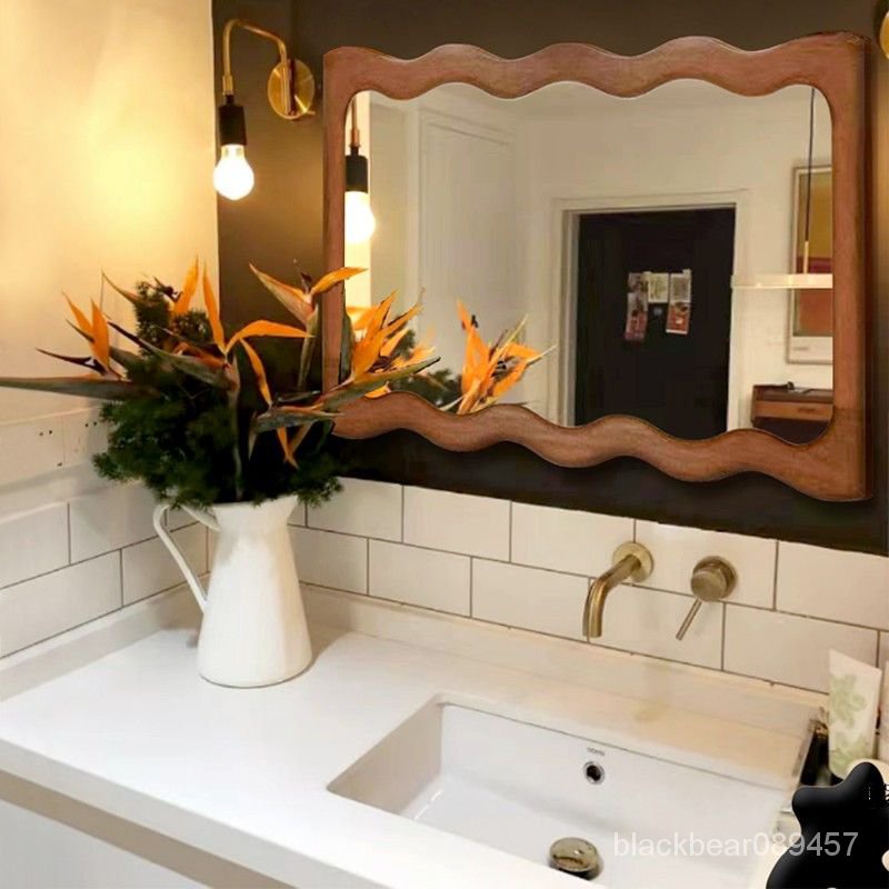 【破損補寄】浴室鏡 美式複古波浪浴室鏡壁掛傢用衛生間鏡子法式臥室梳妝臺中古化妝鏡