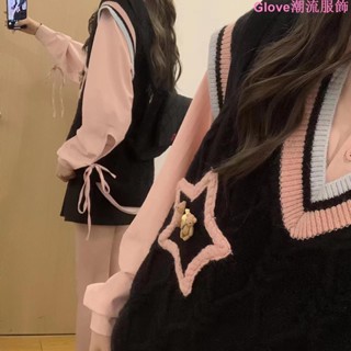 秋冬三件套美式慵懶毛衣針織馬甲背心學院風寬松輕熟襯衫百褶裙子 秋裝 打底衫 外套女 長袖 上衣女 百搭 寬鬆 時尚