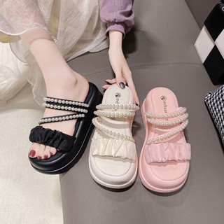 💕洋洋洋鞋店💕厚底拖鞋 涼拖鞋 外出拖鞋 厚底增高涼拖鞋女夏 僊女風珍珠兩穿涼鞋外穿時尚百搭鬆糕拖鞋 女生拖鞋 厚底涼鞋