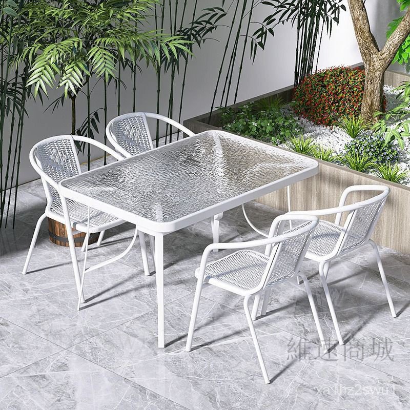 新品上架 戶外庭院桌椅休閒茶桌椅組閤白色鋼化玻璃折疊桌傢用簡約餐桌茶幾