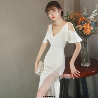 靚麗媽媽服裝F 洋裝小禮服女平時可穿白色高階宴會氣質名媛性感流蘇晚禮服連身裙