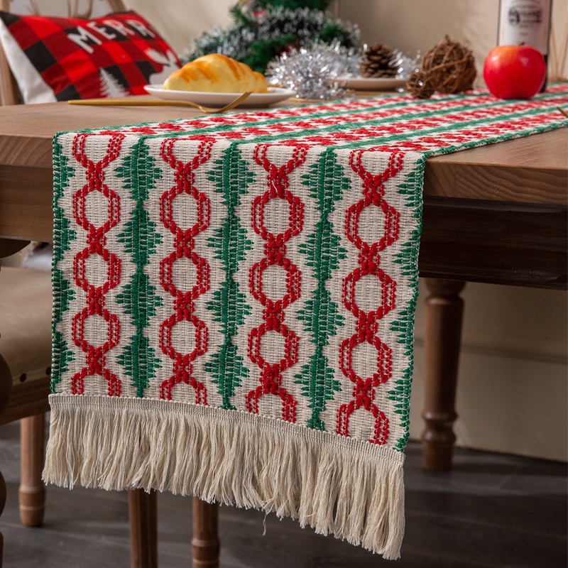 【C.T】聖誕節桌布 長桌旗北歐風法式高級感棉質編織雙色流蘇節日裝飾拍照 臺布