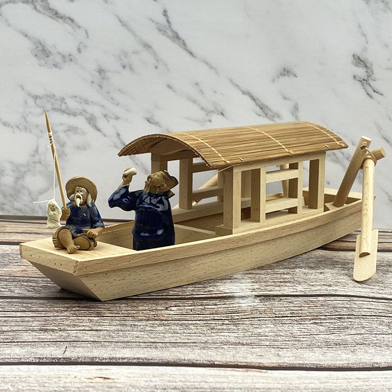 家居飾品小木船漂浮下水款木質漁船手工實木烏篷船模型工藝品擺件