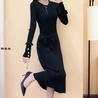 女裝洋裝 連身裙 新款連身裙 秋季中長款洋氣時尚百搭韓版修身長袖圓領毛衣女