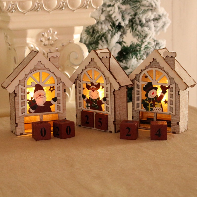 [小皮花坊] 聖誕節木質發光日曆擺台擺飾聖誕裝飾用品聖誕發光房子