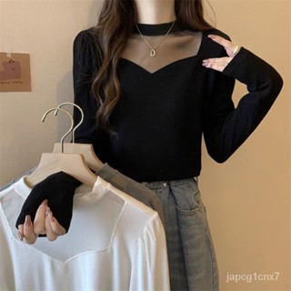 大碼女裝 春秋裝 新款2025年胖mm法式網紗拚接顯瘦露鎖骨長袖T恤上衣