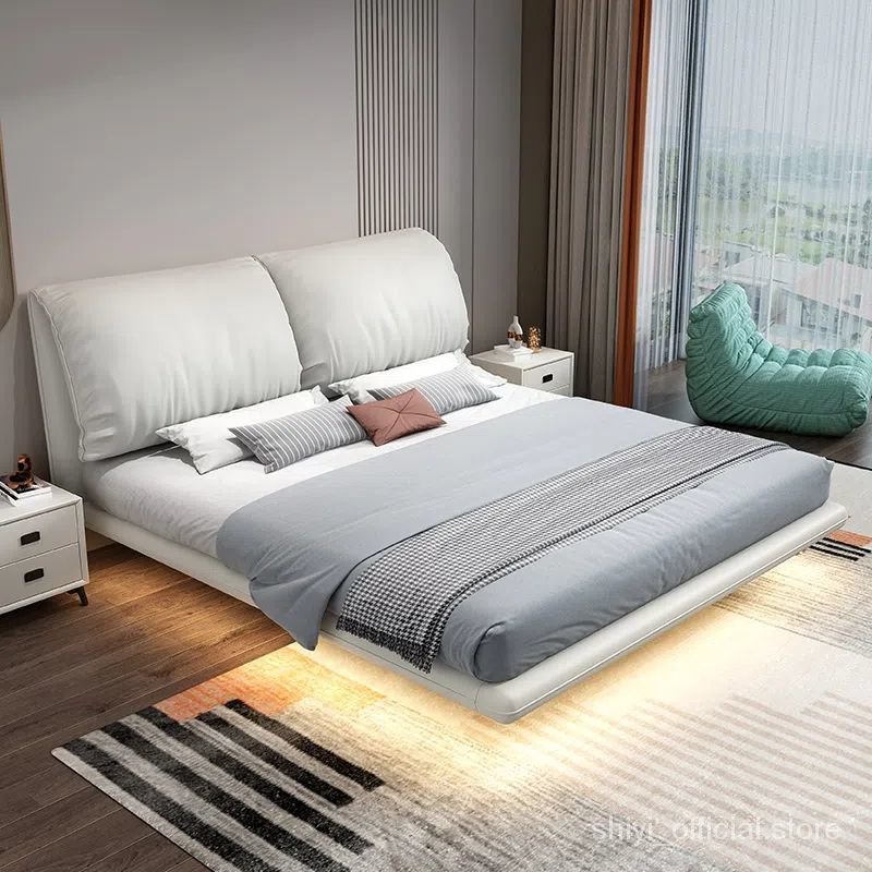 現代簡約皮床意式極簡懸浮床民宿床懸空床主臥大床侘寂床架實木床