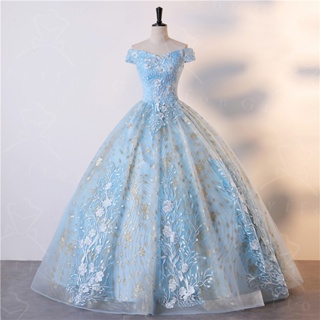 淡藍色成人禮公主裙禮服蕾絲舞會蓬蓬裙禮服閃亮亮片舞會禮服洋裝