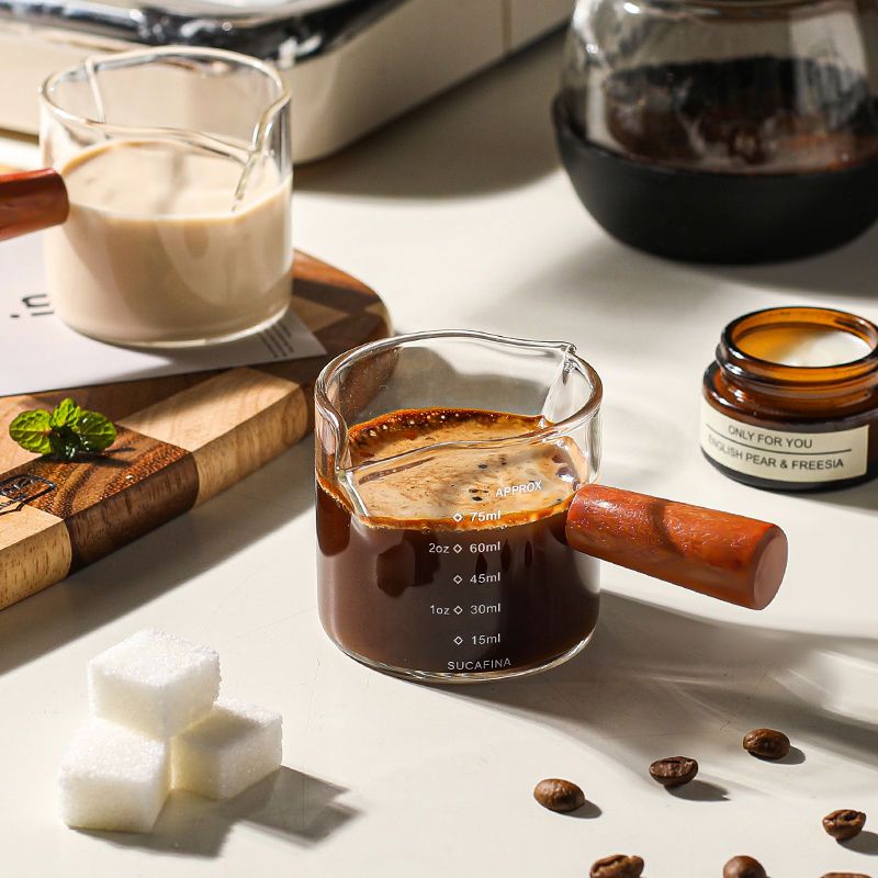 咖啡杯玻璃帶刻度意式濃縮咖啡萃取量杯木柄奶盅shot盎司杯