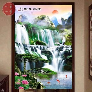 【一簾一景】🔥下單附桿子爆品客製化尺寸流水生財中式山水畫布藝門簾客廳隔斷簾家用臥室風水簾衛生間掛簾 免打孔穿杆式 加厚棉