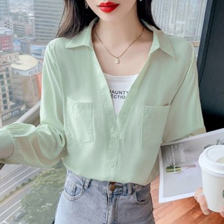 SY長袖上衣V領襯衫翻領上衣秋裝假兩件襯衫女洋氣時尚百搭外穿高檔襯衣小個子短款上衣潮