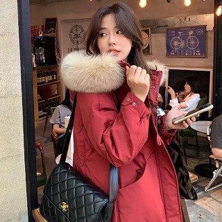 加厚保暖冬天外套🌟衚楚靚狐狸大毛領酒紅色羽絨服女中長版新版網紅冬季外套韓版 羽絨外套連帽 長款 NAXP