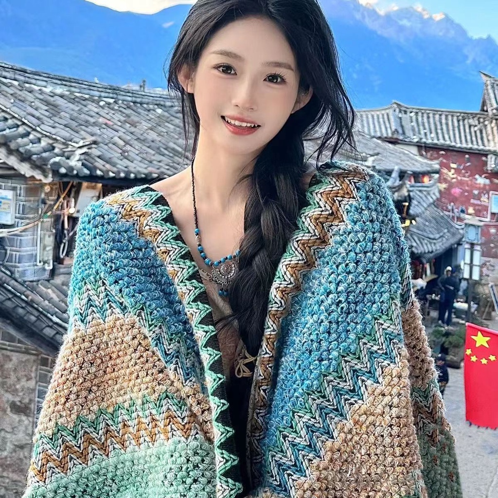 披肩毯子🎀民族風旅游穿搭斗篷披肩網紅圍巾女云南西藏新疆條紋毯子披風