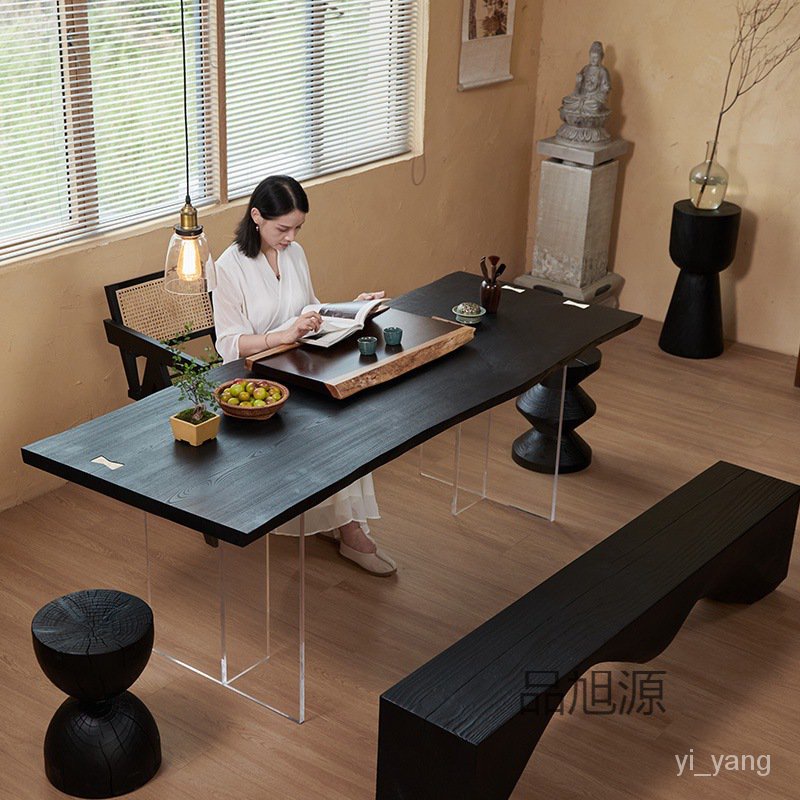 悠閒椅 餐桌椅 編藤椅 吧臺椅侘寂風碳化工作臺亞剋力懸浮茶桌白蠟木桌黑色實木餐桌原木大闆桌