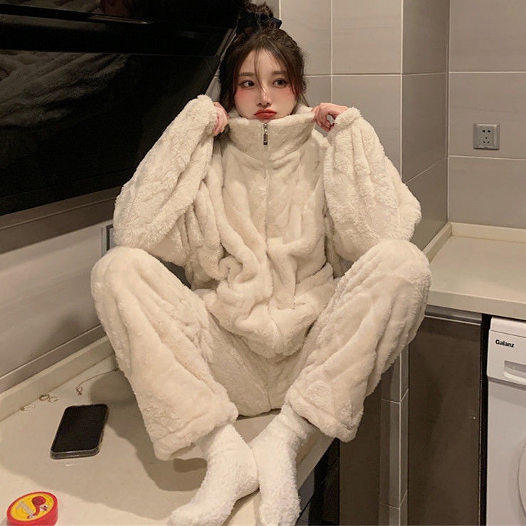 【Sweet Oversize】珊瑚絨睡衣女秋冬季加厚加絨韓國版法蘭絨傢居服運動休閒兩件套裝