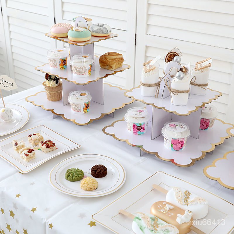 【限時免運】甜品臺 擺件 多層 三層 展示 架子 紙託盤 點心架 婚禮 裝飾 生日佈置 蛋糕架 糕點裝飾 蛋糕展示
