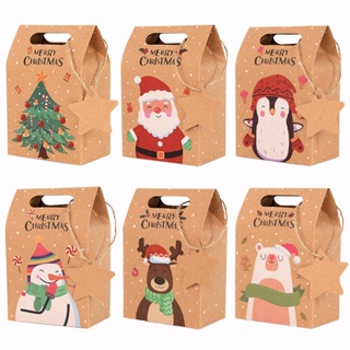 6Pcs Merry Christmas Candy Box with Tag 6 Patterns Kraft Pap