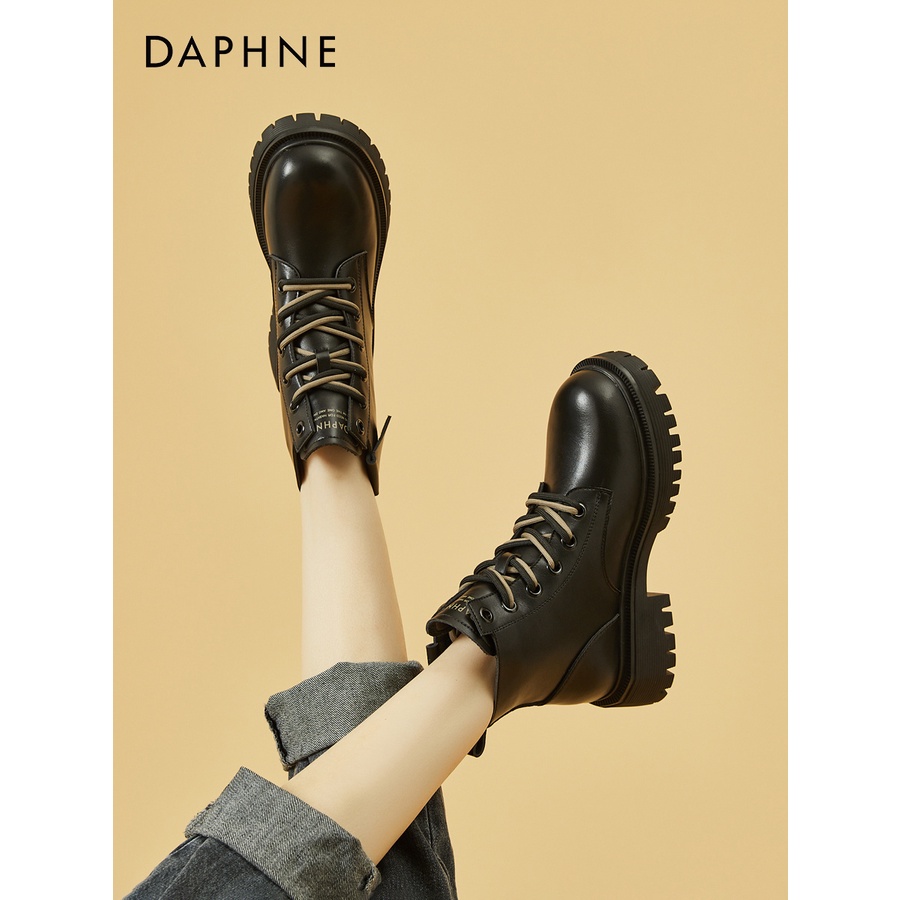 達芙妮馬丁靴女2023年新款秋季英倫風厚底短靴黑色小個子增高靴子
