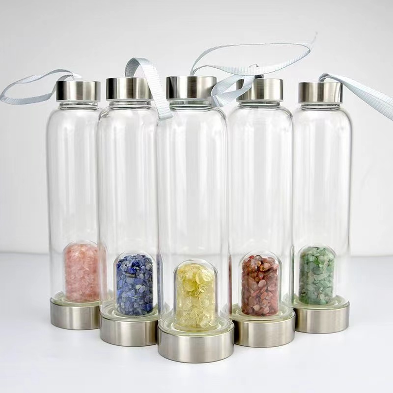 天然水晶碎石 能量水杯 竹蓋玻璃 水晶杯 水瓶 水晶杯 能量杯 水療杯