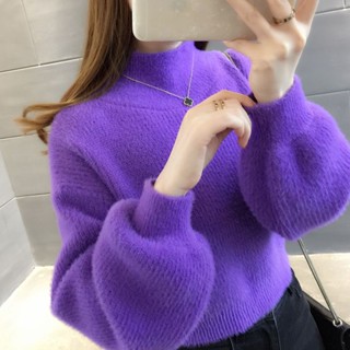 SY仿水貂毛衣女半高領長袖上衣短版燈籠袖上衣韓版寬鬆顯瘦上衣秋冬套頭針織衫慵懶風休閒素色上衣
