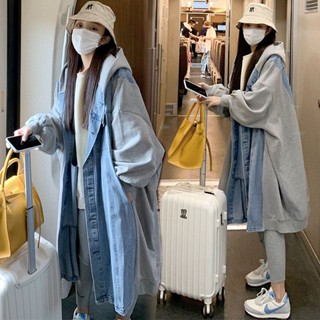 【YW】外套女 連帽外套 炸街爆款連帽牛仔外套女 新款中長款外套 複古拚接工裝風衣外套 韓版女生外套