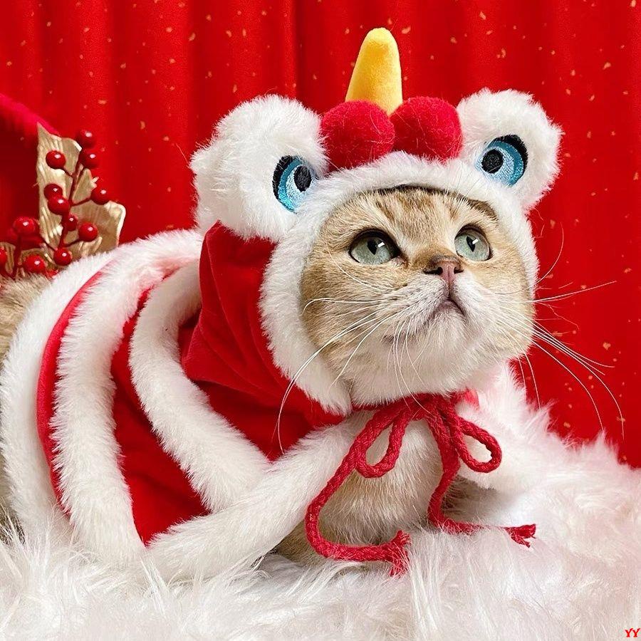新年喜慶加絨舞獅披風斗篷寵物貓咪衣服狗狗拜年裝扮帽子