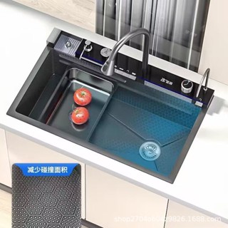 4.0MM厚度 鯨魚 飛雨 瀑佈水槽 數顯 鋼琴鍵 洗菜盆 蜂窩納米 不銹鋼 廚房傢用大單槽 多功能洗碗槽 sus304