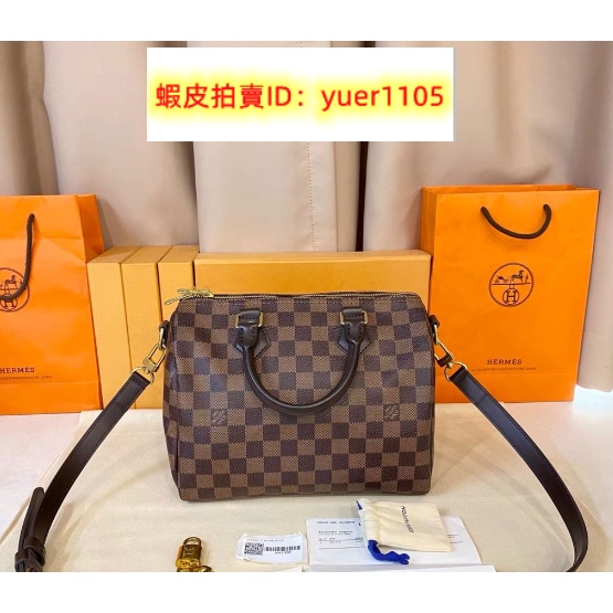 『二手』LV 路易威登 SPEEDY 25 枕頭包 棋盤格 肩帶款 手提包 單肩包 斜挎包N41368女款褐色