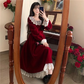 大碼女裝法式復古宮廷風蕾絲拼接絲絨長裙秋冬氣質顯瘦禮服連衣裙紅色連衣裙 連衣裙 裙子 冬季裙子