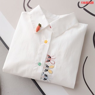 襯衫🎀春秋刺繡彩扣卡通寬鬆襯衫女長袖打底衫上衣學生可愛開衫