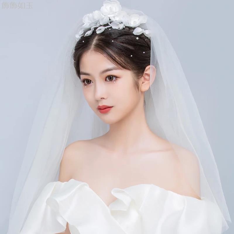 新款 新娘 超仙 美 韓式 花朵 頭飾 耳掛 森系 簡約 影樓 結婚 婚紗 簡單 配飾品 森林婚禮 韓式頭飾