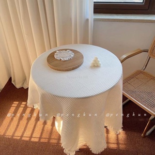 日式棉麻桌布素色布藝茶几桌墊ins田園餐桌布背景布裝飾咖啡廳軟裝華夫格桌布流蘇邊法式白色