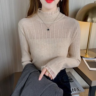 蕾絲半高領打底衫女毛衣長袖春秋新款內搭修身時尚性感針織衫上衣