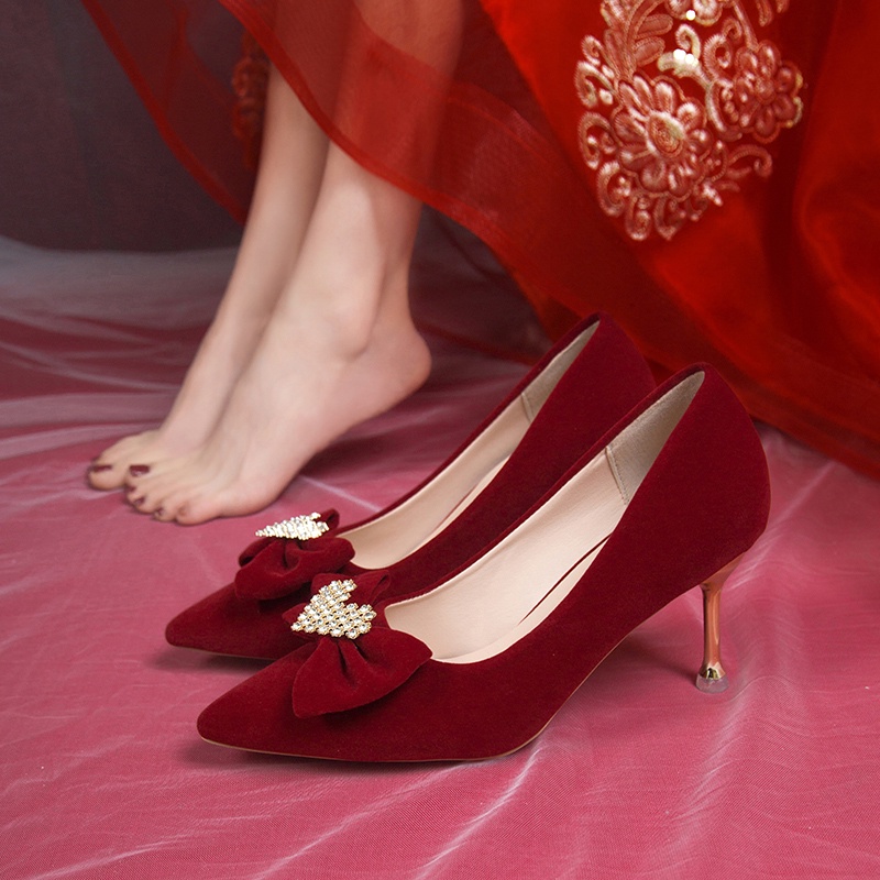 中式 婚鞋 女 新款 酒紅色 高跟鞋 不累腳 秀禾 婚紗 兩穿 新娘鞋 桃夭 婚禮鞋 舒適高跟鞋