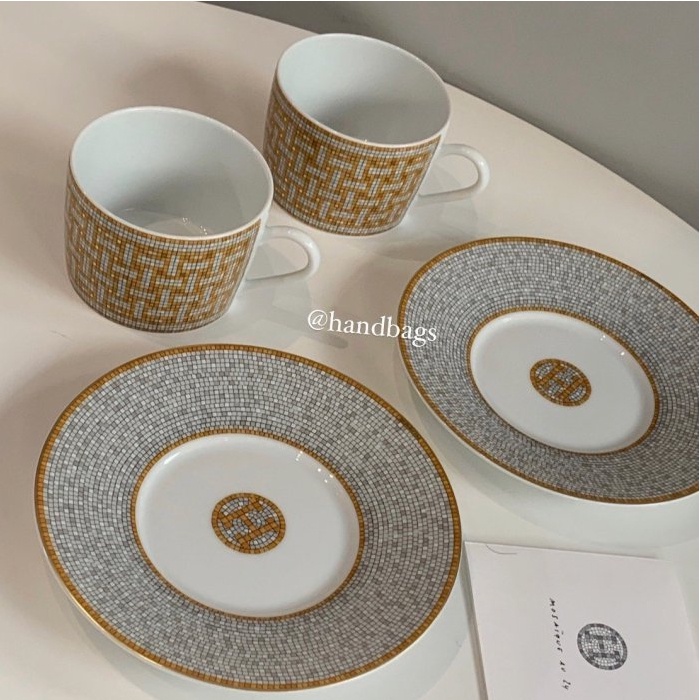 二手精品 全新真品 HERMES Mosaique AU 24 鉑金 金色 馬賽克磚 茶杯 杯碟 咖啡杯組