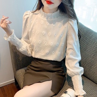SY韓版上衣泡泡袖上衣雪紡衫女秋冬新款時尚洋氣減齡小衫半高領上衣蕾絲打底上衣女