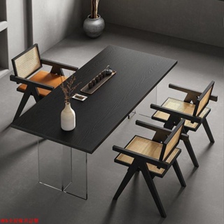 【免運】侘寂風碳化黑純實木餐桌亞克力懸浮書桌家用小戶型飯桌茶桌工作臺WS精品家具