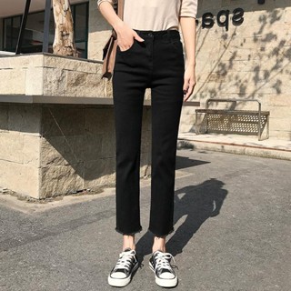 韓版牛仔褲九分直筒褲煙管褲女冬季高腰顯瘦修身彈性百搭黑色加絨加厚八分牛仔褲