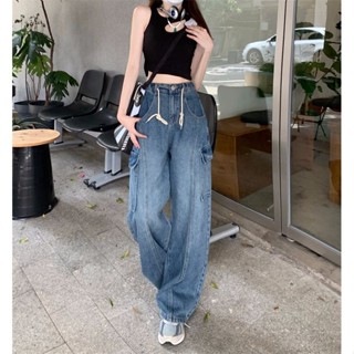 💥滿額免運🚚 女牛仔褲 窄管褲 大尺碼女裝 拉繩牛仔褲 鬆緊腰 牛仔褲 大碼胖mm新款辣酷風抽繩多口袋工裝牛仔褲女早