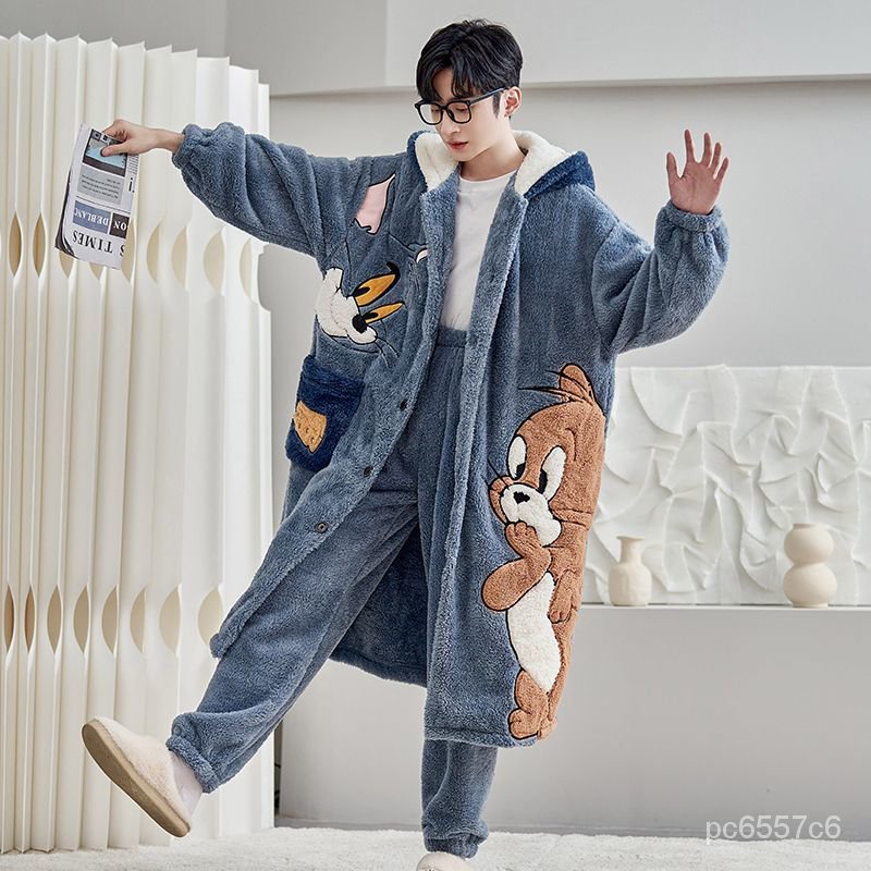 湯姆貓與傑利鼠外套 湯姆貓與傑利鼠衣服 男士睡衣秋冬款加厚加絨珊瑚絨睡袍套裝冬季法蘭絨過膝連帽傢居服 SOJM