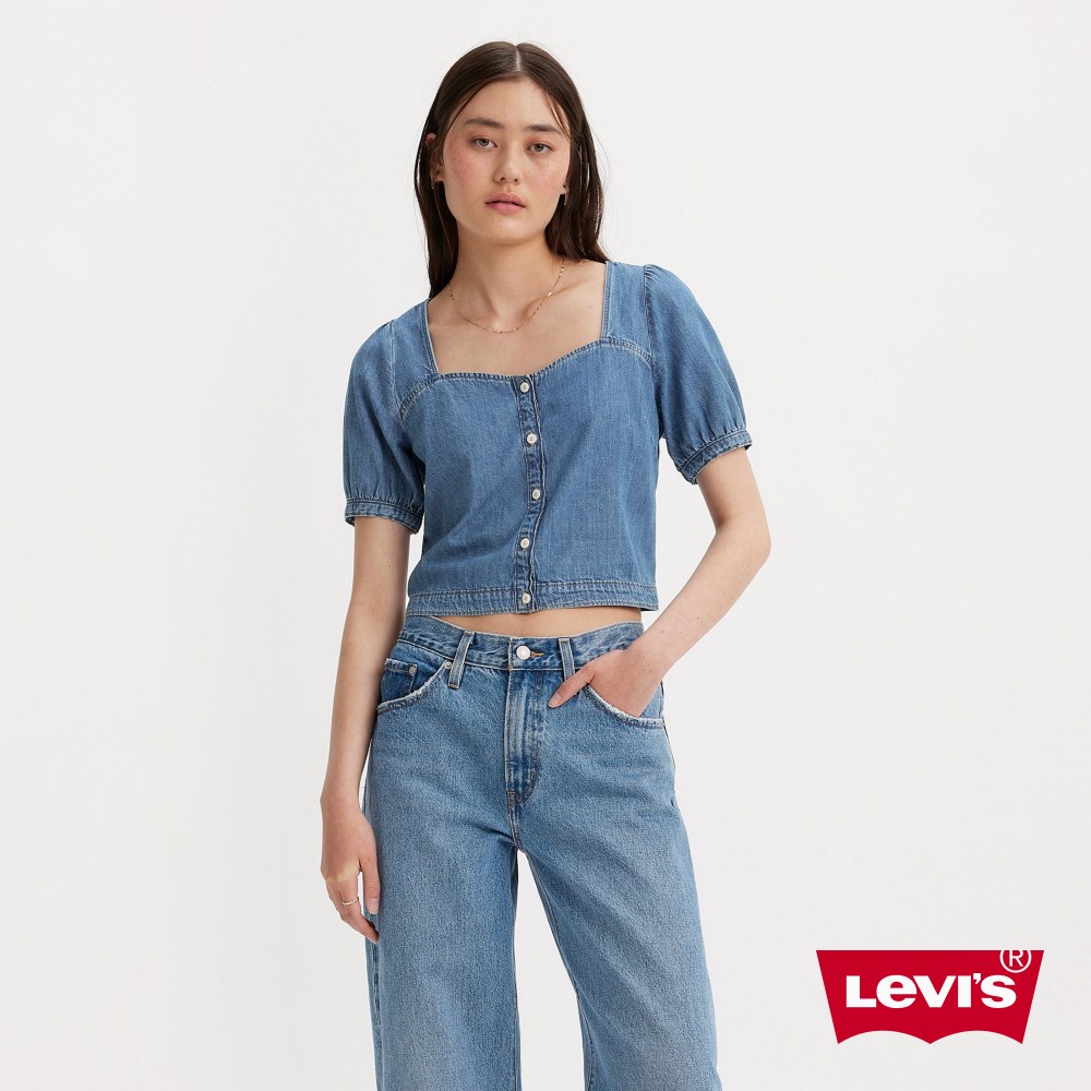 Levis 寬鬆短袖牛仔襯衫 / 精工中深色水洗 / 無領平口 女款 85388-0009 熱賣單品